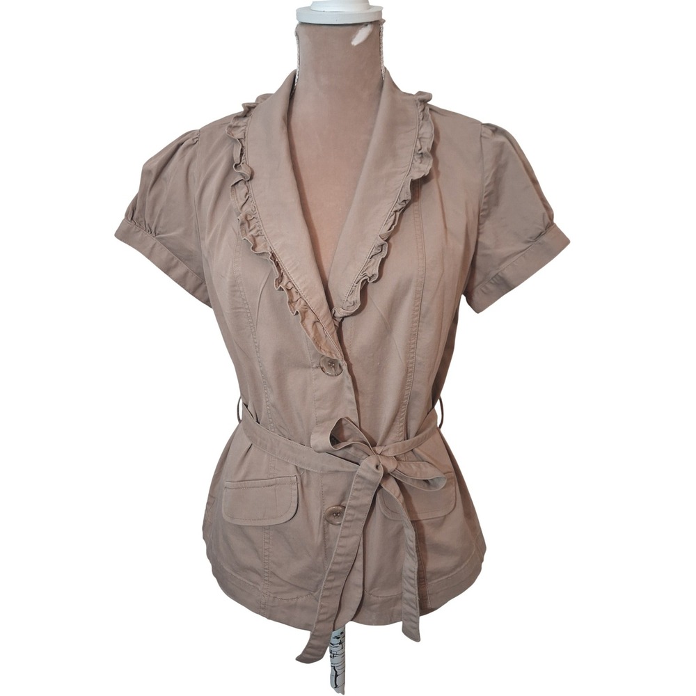 Cato Womens Tan Khaki Ruffle Short Sleeve Belted Button Shirt Jacket Y2k